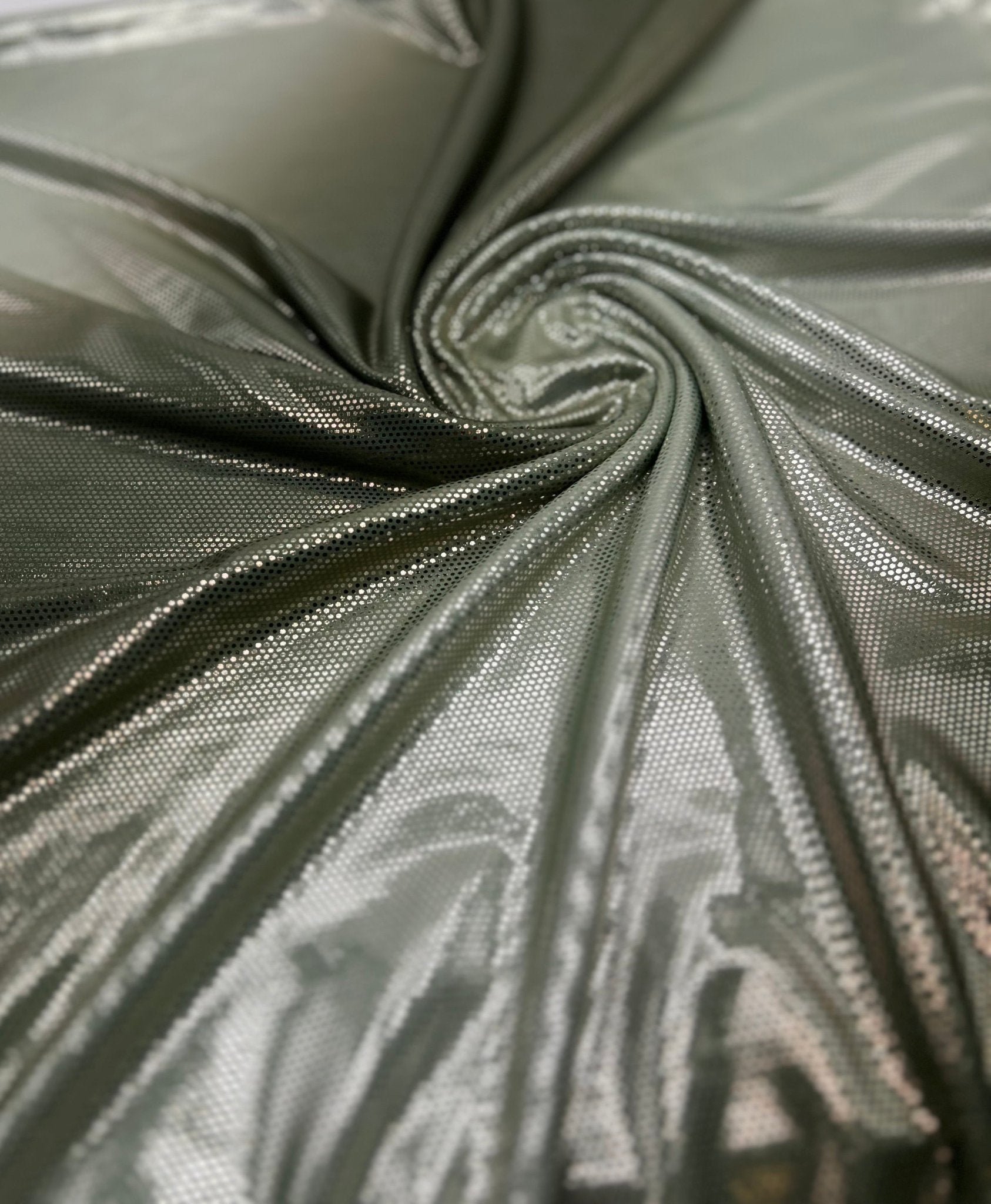 Green Silver Shiny Sequin Soft Touch 2 Way Stretch Fabric - T9 Fabrics